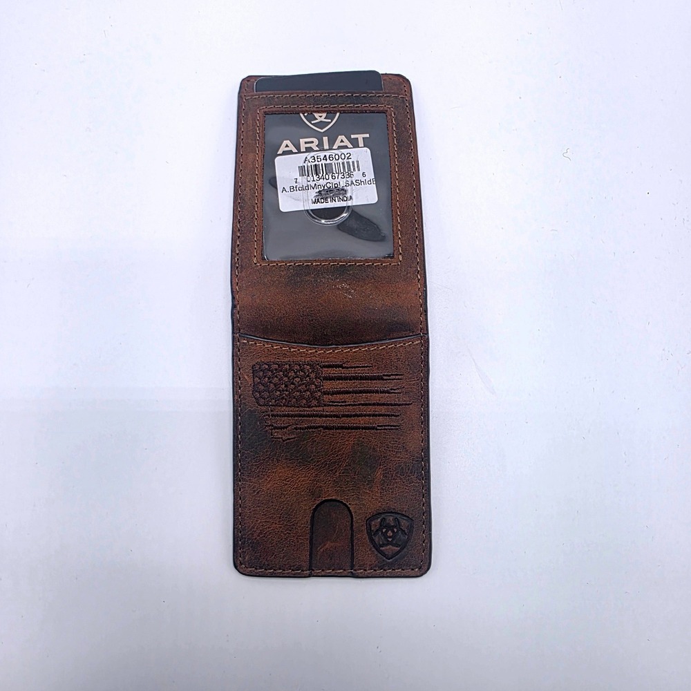 Ariat Mens Distressed Brown Leather American Flag Bifold Money Clip Wallet